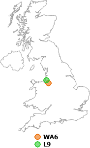 map showing distance between WA6 and L9