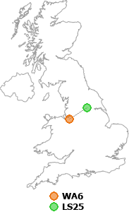 map showing distance between WA6 and LS25