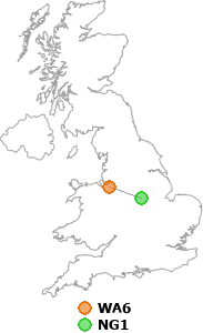 map showing distance between WA6 and NG1