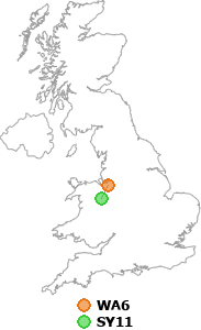 map showing distance between WA6 and SY11