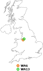 map showing distance between WA6 and WA13
