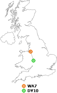 map showing distance between WA7 and DY10