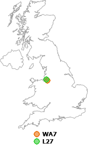 map showing distance between WA7 and L27