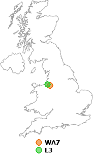 map showing distance between WA7 and L3