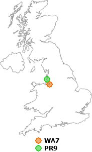 map showing distance between WA7 and PR9
