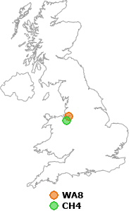 map showing distance between WA8 and CH4