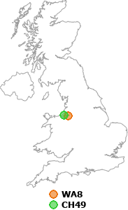 map showing distance between WA8 and CH49