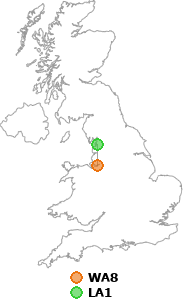 map showing distance between WA8 and LA1