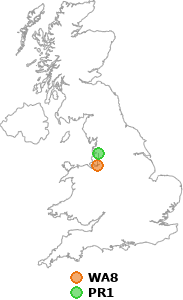 map showing distance between WA8 and PR1