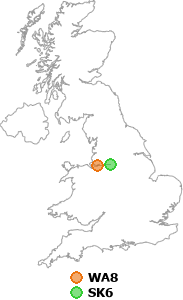 map showing distance between WA8 and SK6