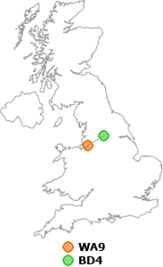 map showing distance between WA9 and BD4