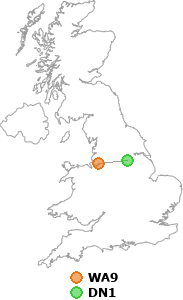 map showing distance between WA9 and DN1