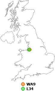 map showing distance between WA9 and L34