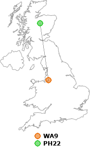 map showing distance between WA9 and PH22