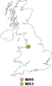 map showing distance between WA9 and WA3