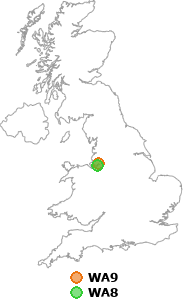 map showing distance between WA9 and WA8