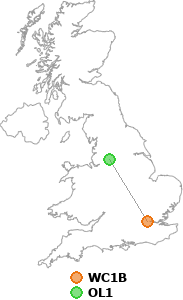 map showing distance between WC1B and OL1