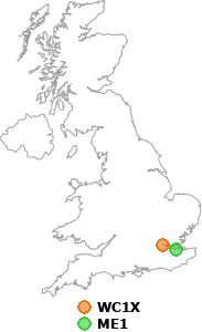 map showing distance between WC1X and ME1