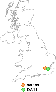 map showing distance between WC2N and DA11