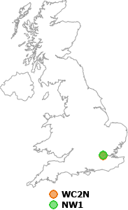 map showing distance between WC2N and NW1