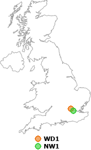 map showing distance between WD1 and NW1