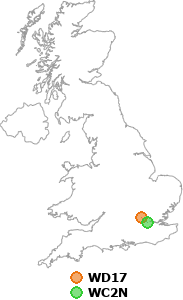 map showing distance between WD17 and WC2N