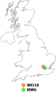 map showing distance between WD18 and NW6