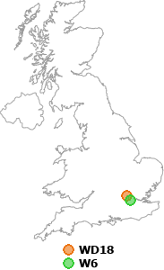 map showing distance between WD18 and W6