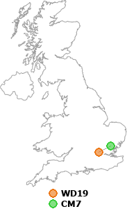 map showing distance between WD19 and CM7