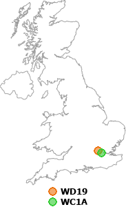 map showing distance between WD19 and WC1A