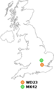 map showing distance between WD23 and MK42