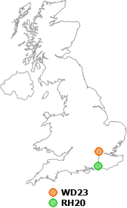 map showing distance between WD23 and RH20