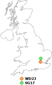 map showing distance between WD23 and SG17