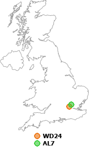 map showing distance between WD24 and AL7