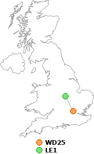 map showing distance between WD25 and LE1