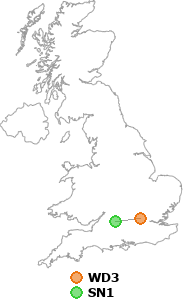 map showing distance between WD3 and SN1