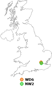 map showing distance between WD6 and NW2