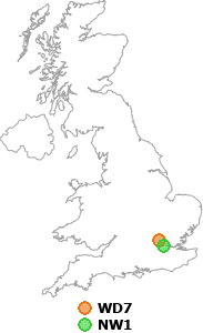 map showing distance between WD7 and NW1
