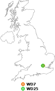 map showing distance between WD7 and WD25