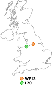 map showing distance between WF13 and L70