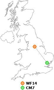 map showing distance between WF14 and CM7