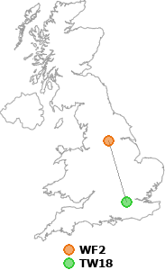 map showing distance between WF2 and TW18
