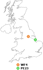 map showing distance between WF4 and PE23