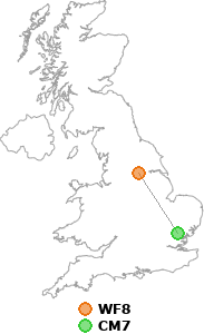 map showing distance between WF8 and CM7