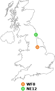 map showing distance between WF8 and NE12