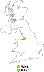 map showing distance between WN1 and PA23