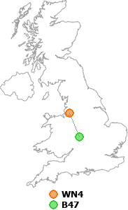 map showing distance between WN4 and B47