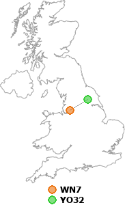 map showing distance between WN7 and YO32