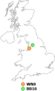 map showing distance between WN8 and BB18