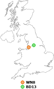 map showing distance between WN8 and BD13